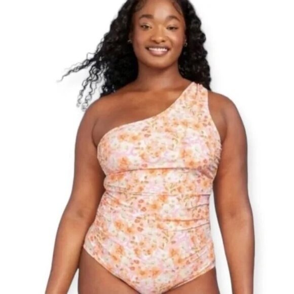 Kona Sol Women's One-Shoulder Floral Swimsuit Built-in Padding Ruched 18W - Picture 2 of 10